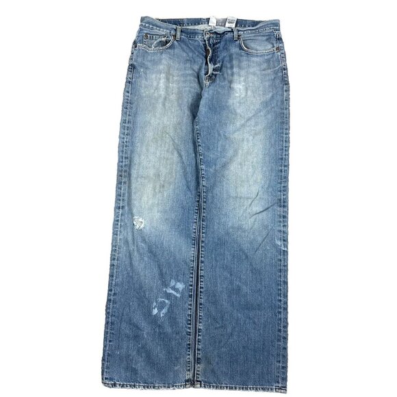 VTG Lucky Brand Dungarees Wide Leg Jeans Baggy Mens 38 Blue Y2K Relax Distressed - Picture 1 of 11
